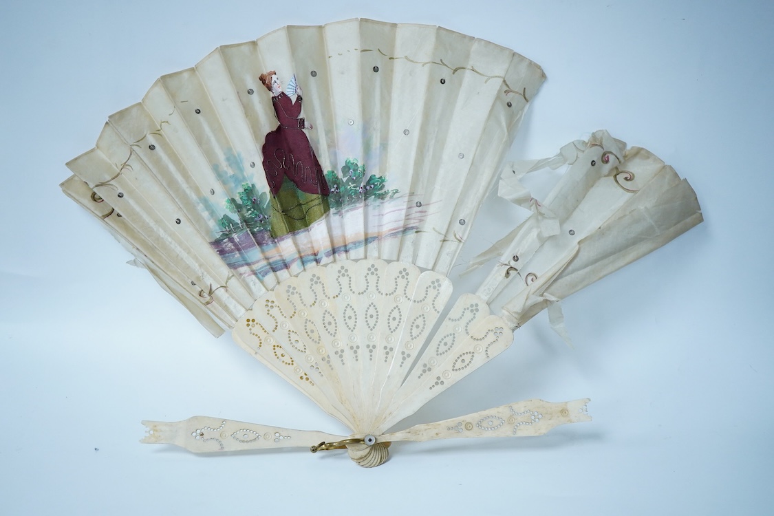 A collection of 19th century and later fans to include a black lacquered and lace example and a hand painted floral example